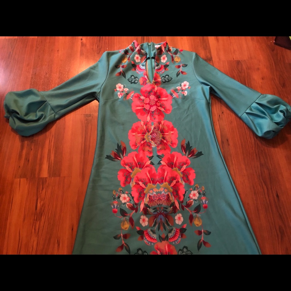 Green Floral a-line Dress L